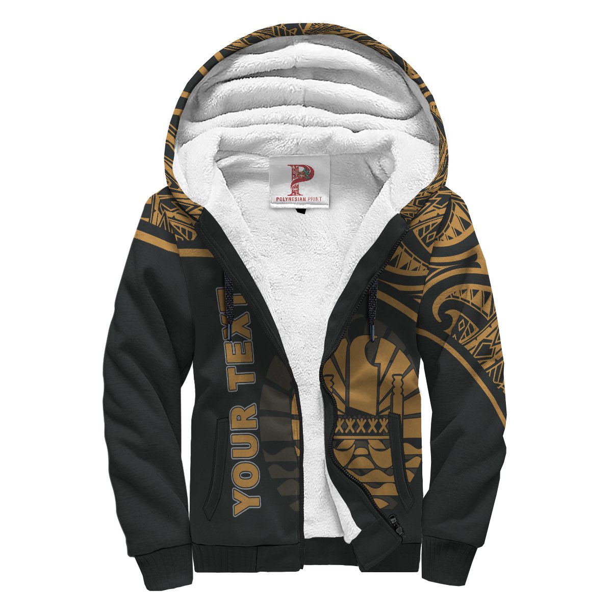 Tahiti (French Polynesia) Polynesian Personalised Custom Sherpa Hoodie - Gold Curve Version Black - Gold - Polynesian Pride