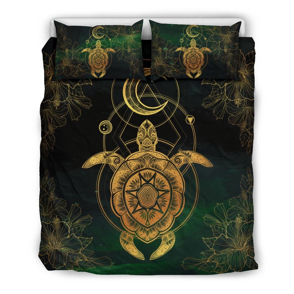 Hawaiian Hibiscus Golden Turtle And Moon Polynesian Bedding Set Art - Polynesian Pride