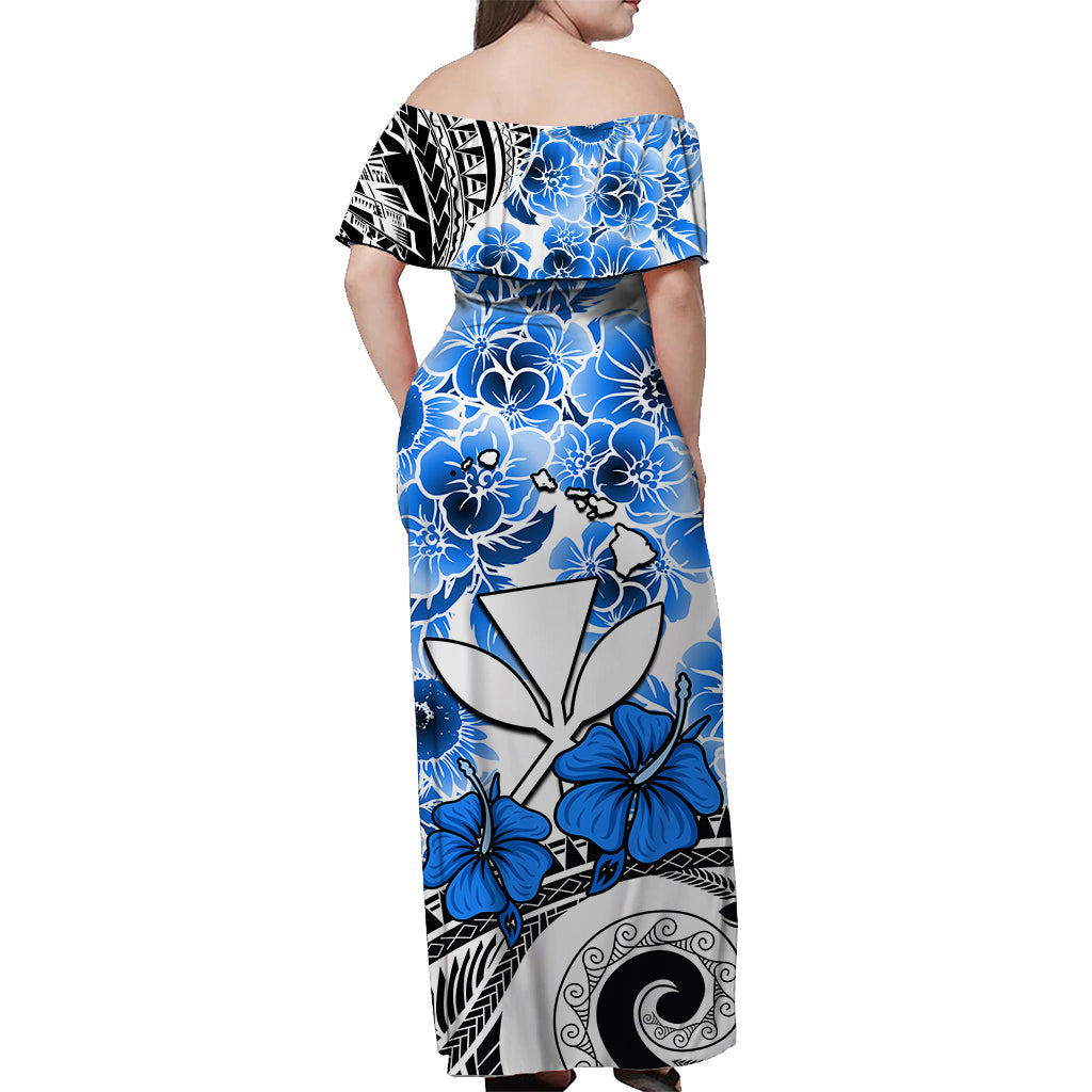 Hawaii Off Shoulder Long Dress Polynesian and Blue Hibiscus LT13 - Polynesian Pride
