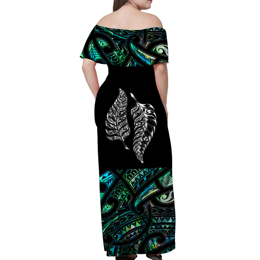 New Zealand Maori Off Shoulder Long Dress Aotearoa Mix Silver Fern Paua Shell Ver.02 LT13 - Polynesian Pride
