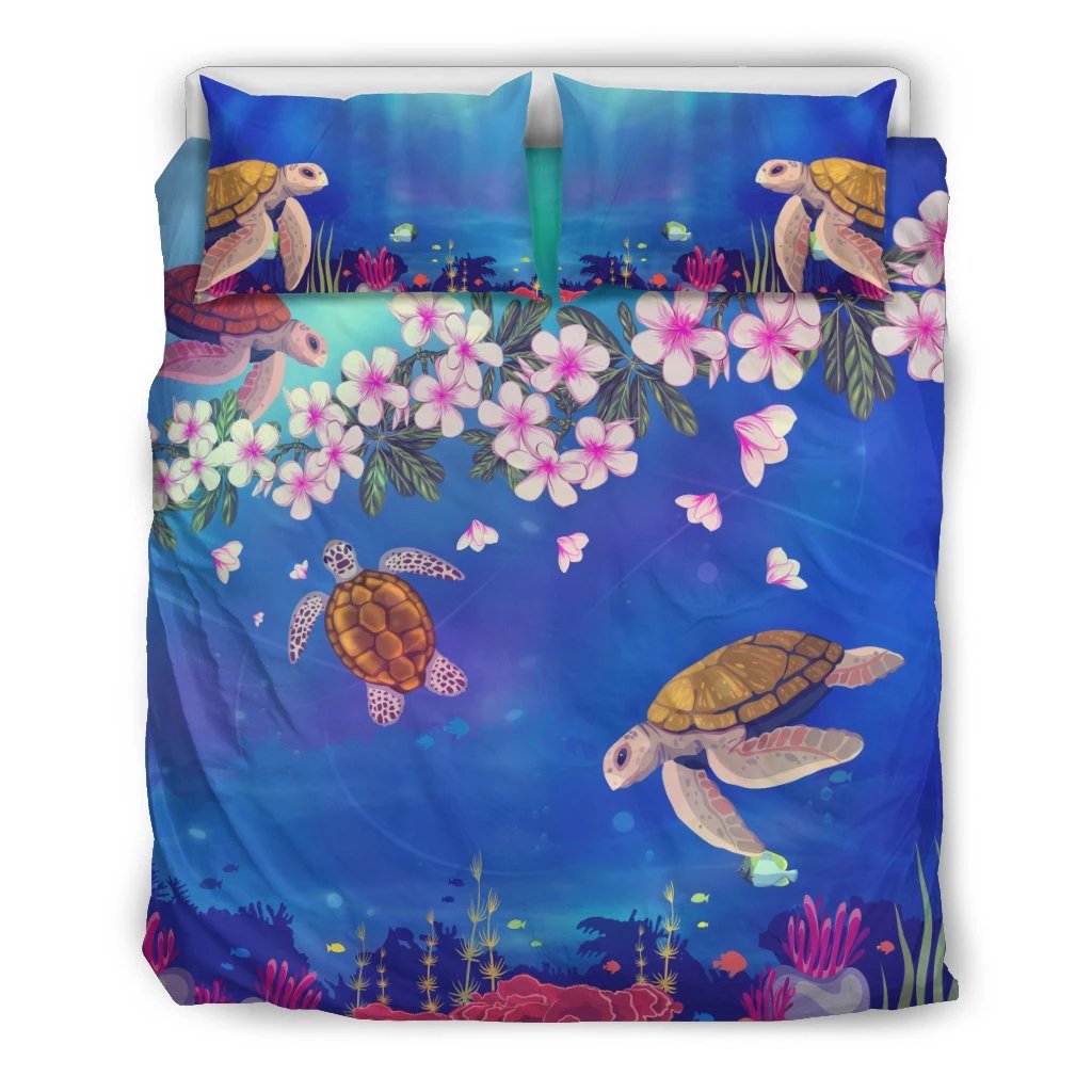 Hawaiian Turtle And Plumeria Pattern Polynesian Bedding Set Art - Polynesian Pride