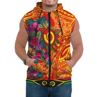 Polynesian Sleeveless Hoodie Vanuatu Symbols With Hibiscus Red - Polynesian Pride