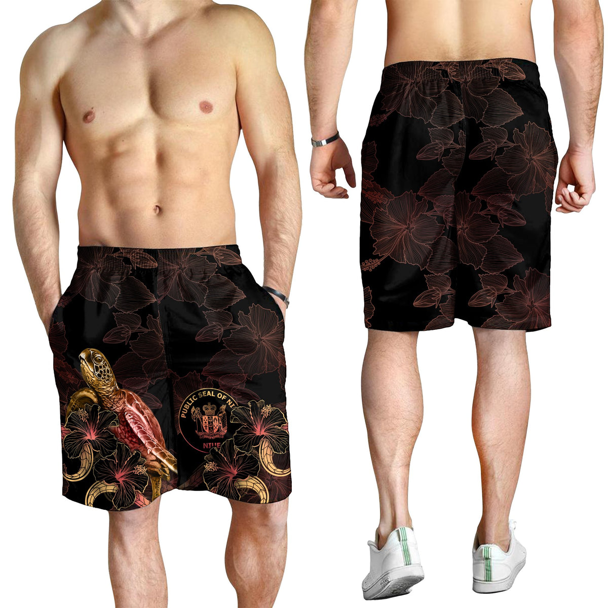 Niue Polynesian Men's Shorts - Turtle With Blooming Hibiscus Gold - Polynesian Pride