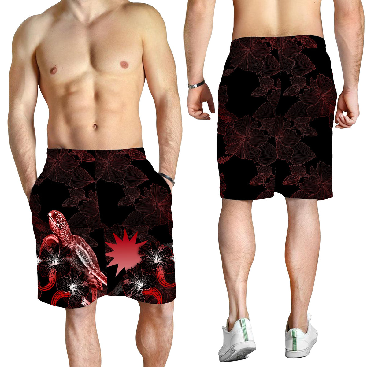 Nauru Polynesian Men's Shorts - Turtle With Blooming Hibiscus Red - Polynesian Pride