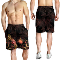 Marshall Islands Polynesian Men's Shorts - Turtle With Blooming Hibiscus Gold - Polynesian Pride