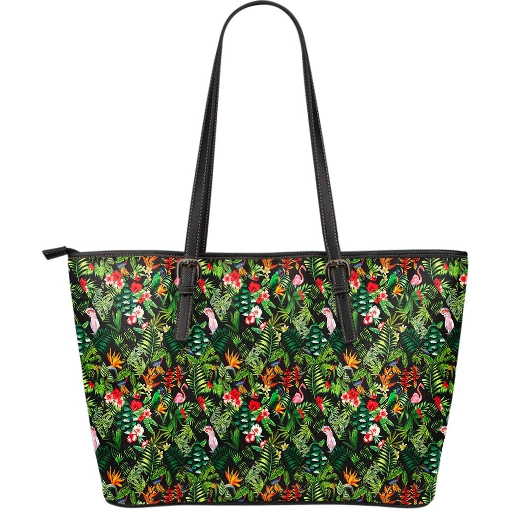 Hawaii Tropical Flamingo Hibiscus Large Leather Tote Green - Polynesian Pride