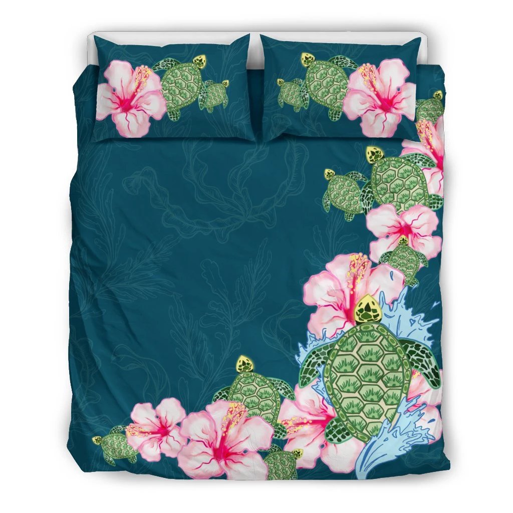 Hawaiian Hibiscus Turtle Seaweed Background Polynesian Bedding Set Art - Polynesian Pride