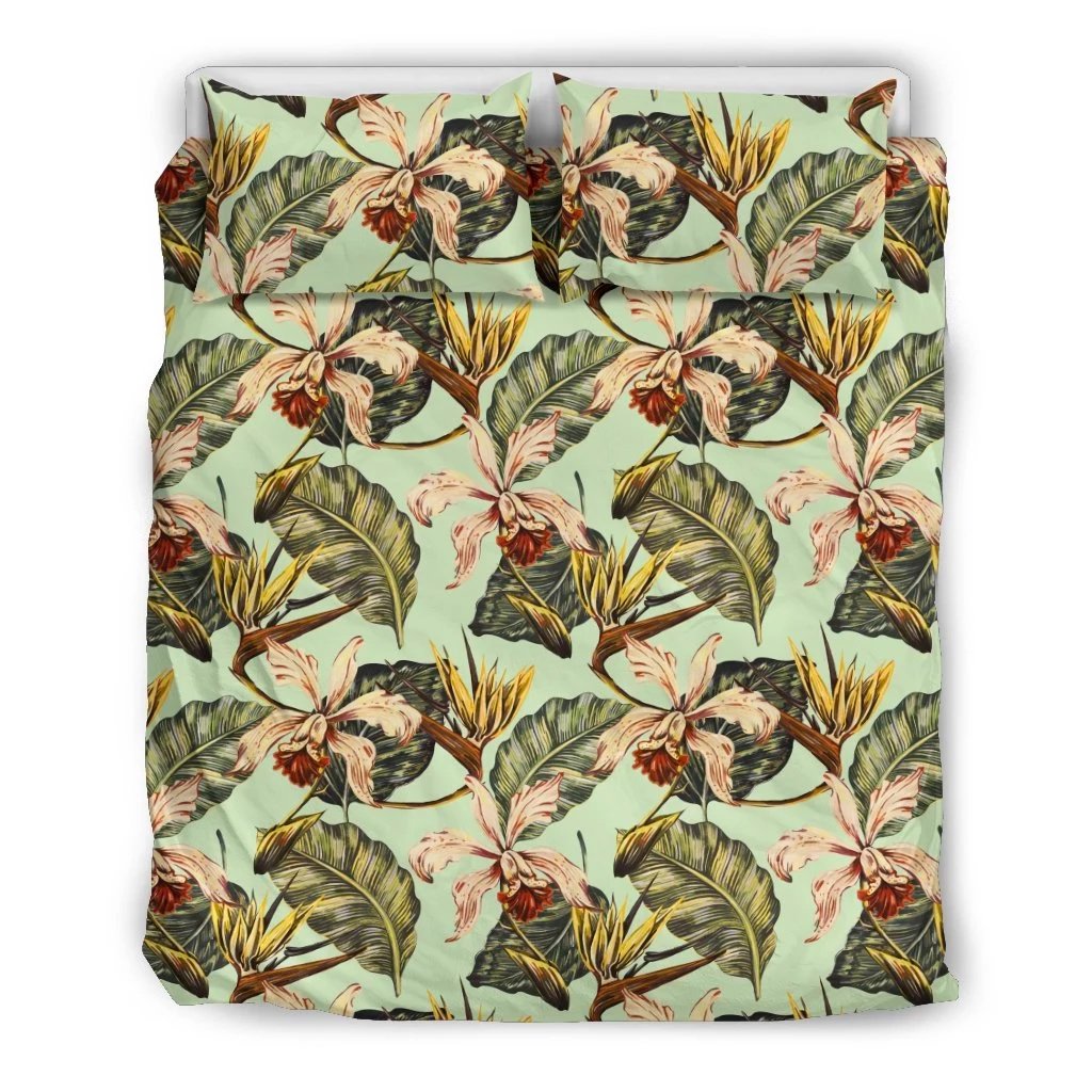 Hawaiian Tropical Jungle Leaves Orchid Bird Polynesian Bedding Set Black - Polynesian Pride