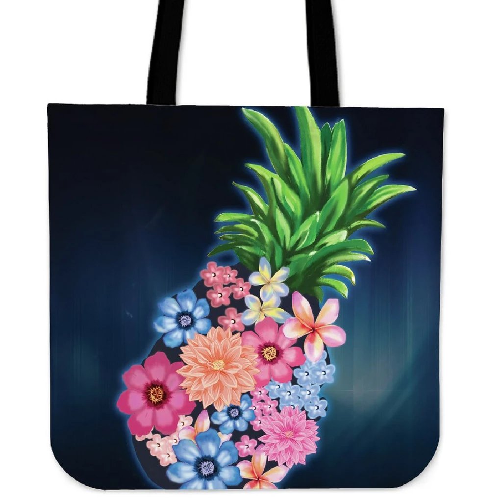 Pineapple Hibiscus Pattern Tote Bag Tote Bag One Size Black - Polynesian Pride