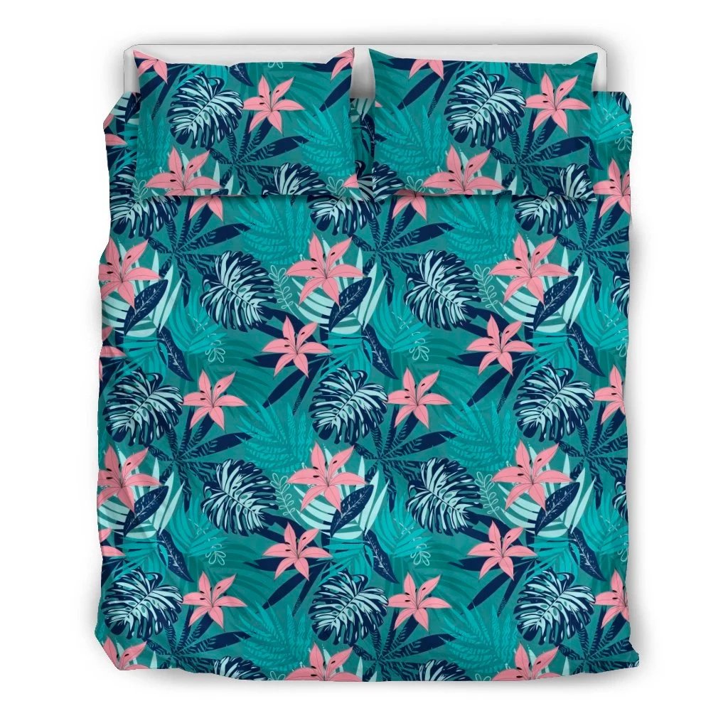 Hawaiian Tropical Monstera Leaf Polynesian Bedding Set Blue Black - Polynesian Pride