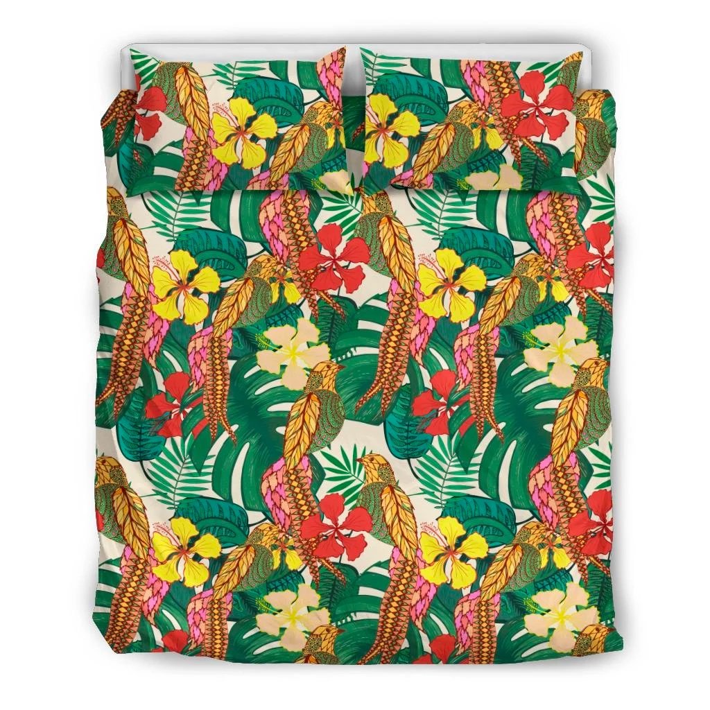 Hawaiian Tropical Leaves Flowers And Birds Floral Jungle Polynesian Bedding Set Black - Polynesian Pride