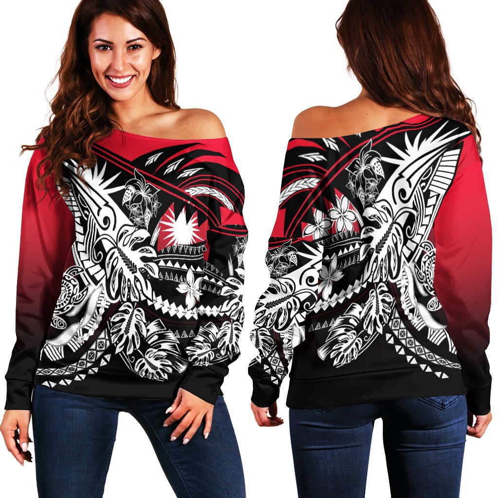 Marshall Islands Women's Off Shoulder Sweaters - Tribal Jungle Pattern Red Color Red - Polynesian Pride