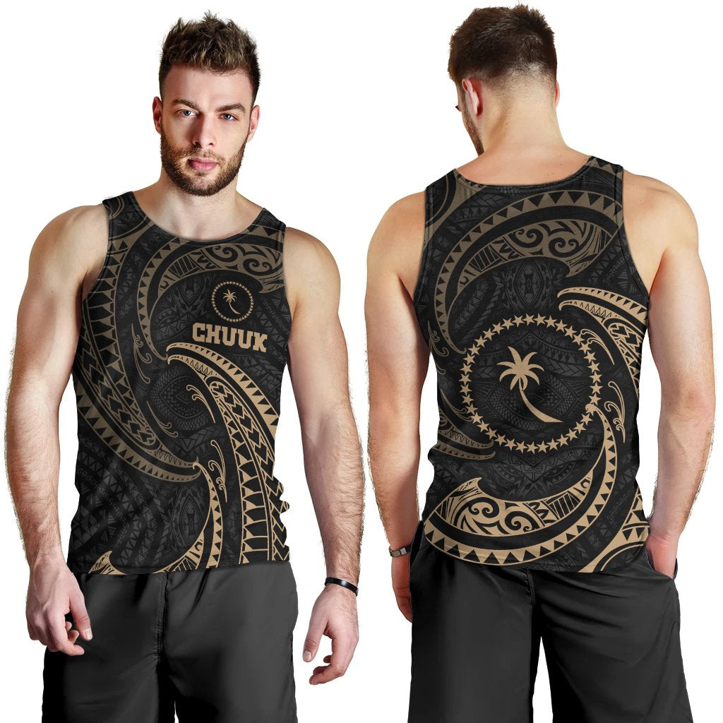 Chuuk Micronesia Men's Tank Top - Gold Tribal Wave Black - Polynesian Pride