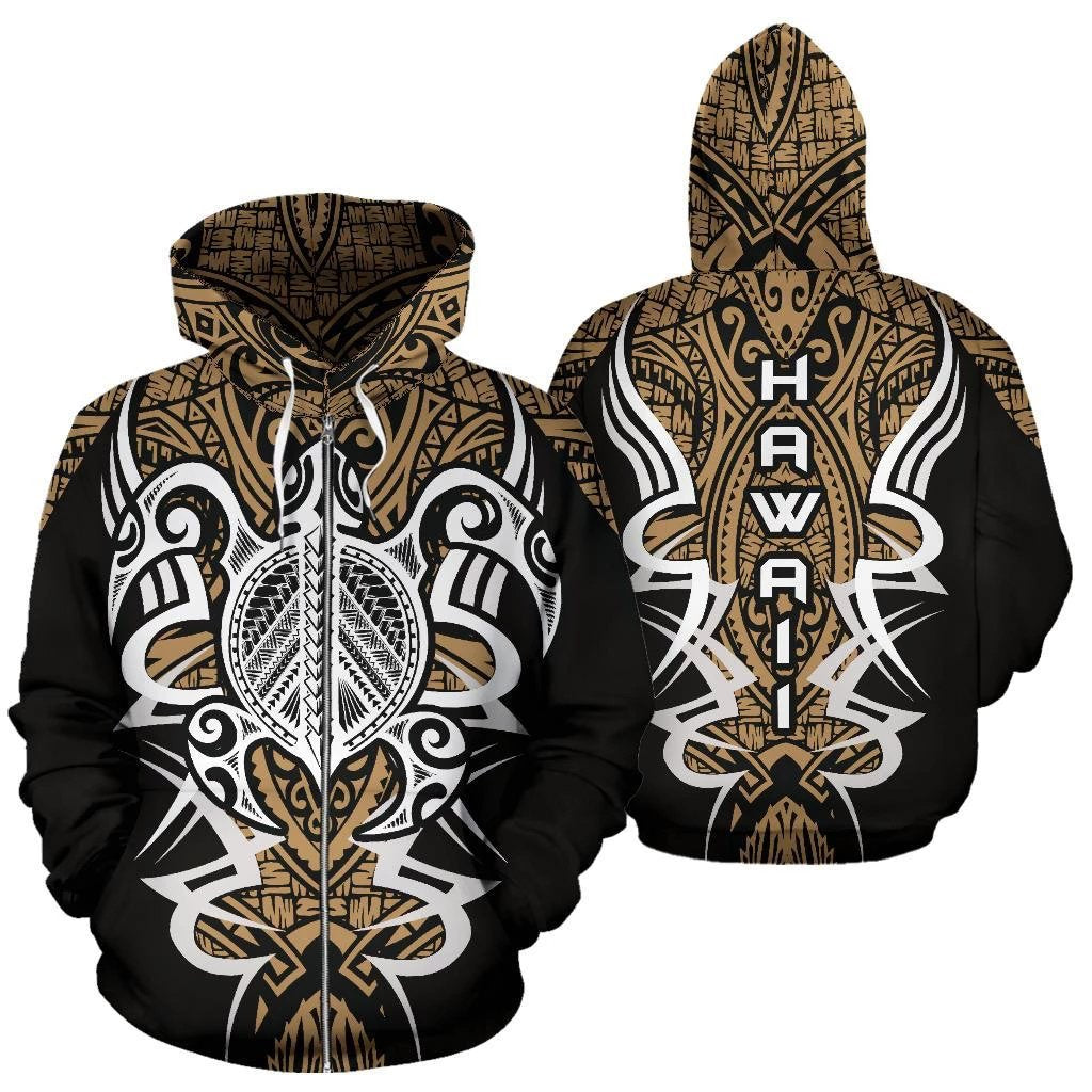 Hawaii Turtle Tribal Golden Zip up Hoodie Armor Style Unisex Gold - Polynesian Pride