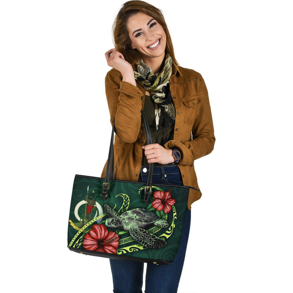 Vanuatu Polynesian Leather Tote Bag - Green Turtle Hibiscus - Polynesian Pride