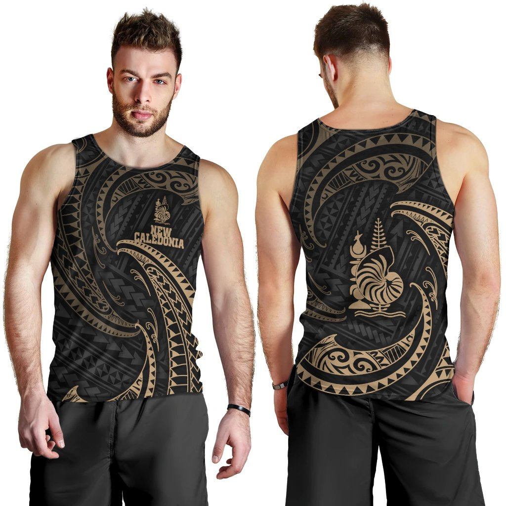 New Caledonia Polynesian Men's Tank Top - Gold Tribal Wave Black - Polynesian Pride