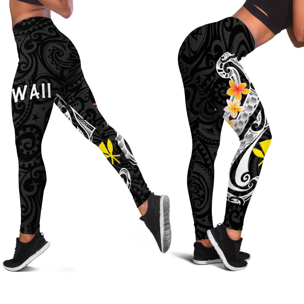 Hawaii Leggings - Kanaka Maoli Polynesian Patterns Plumeria (Black) Black - Polynesian Pride