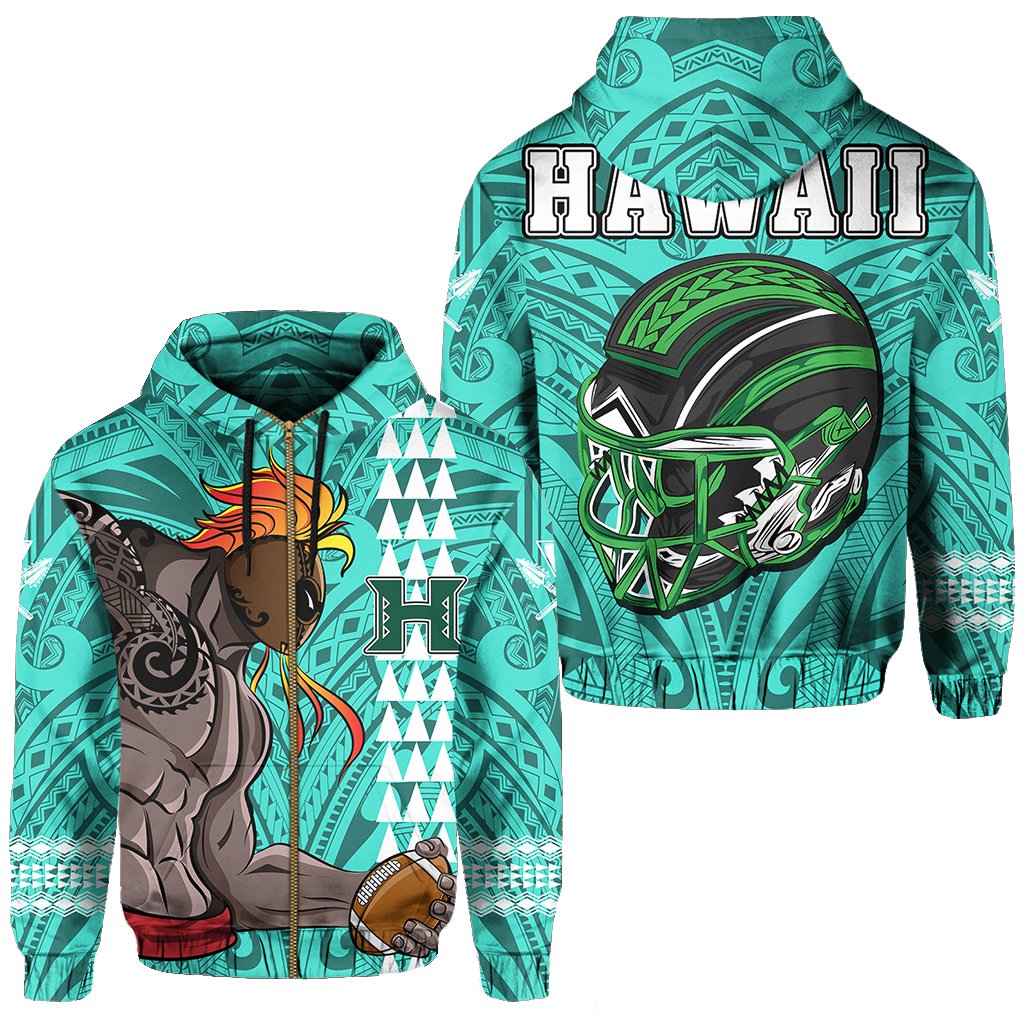 Polynesian Warrior Helmet Football Kanaka Kakau Hawaii Zip Hoodie Turquoise Unisex Turquoise - Polynesian Pride