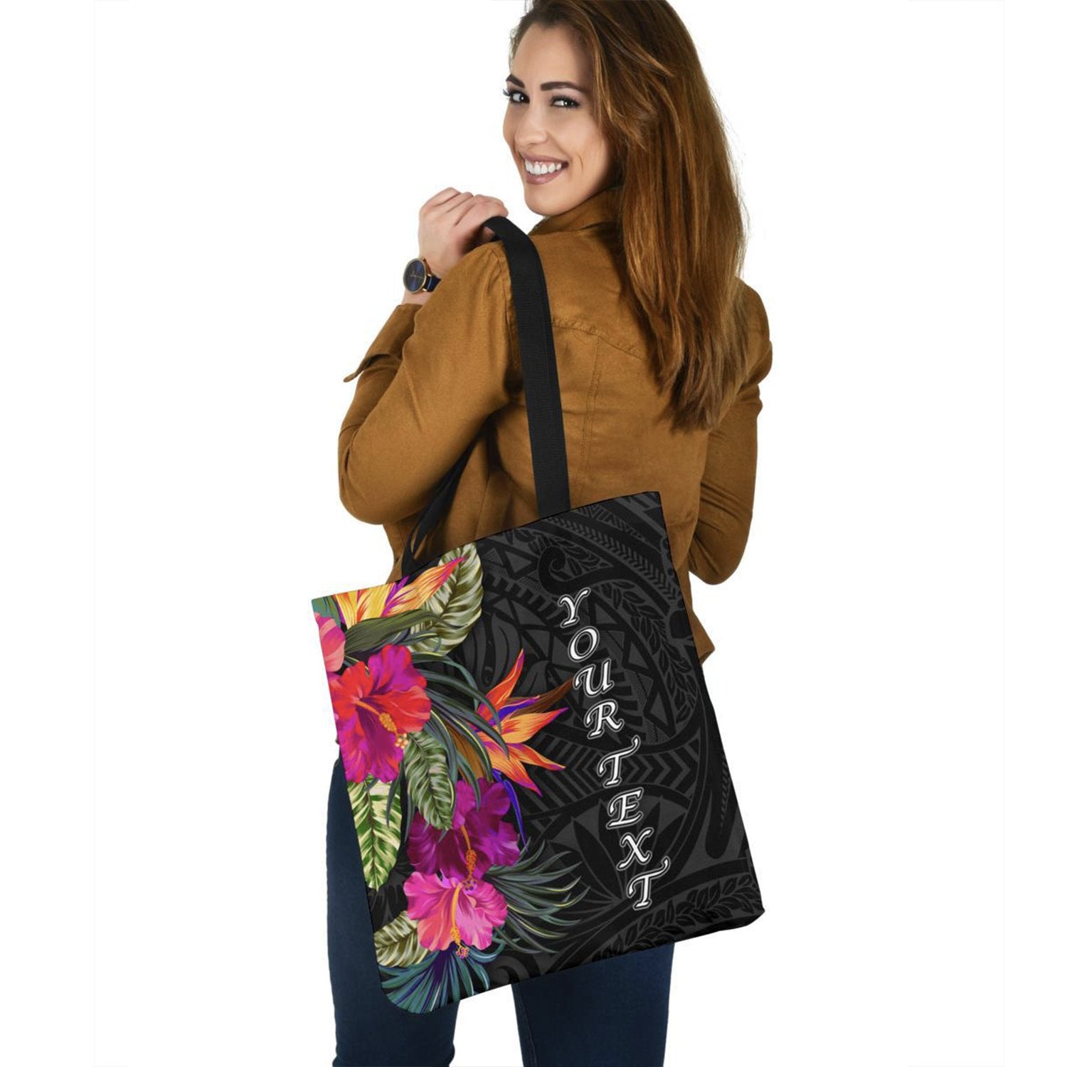 Polynesian Custom Personalised Tote Bag - Hibiscus Pattern Tote Bag One Size Black - Polynesian Pride