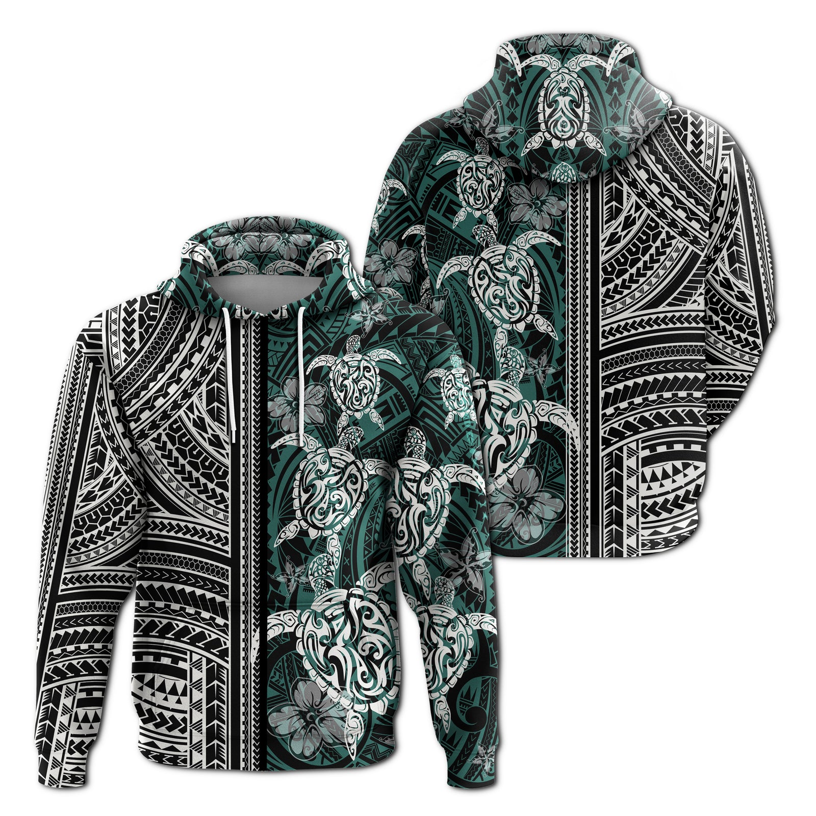 Polynesian Hoodie Turtle With Ethnic Motives and Floral Elements LT20 Unisex Green - Polynesian Pride