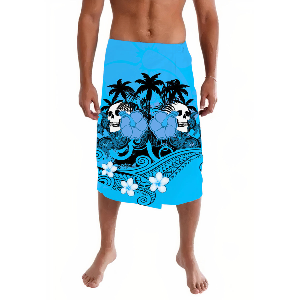 Hawaii Skull Lavalava Mysterious Polynesia and Blue Flowers LT13 Blue - Polynesian Pride