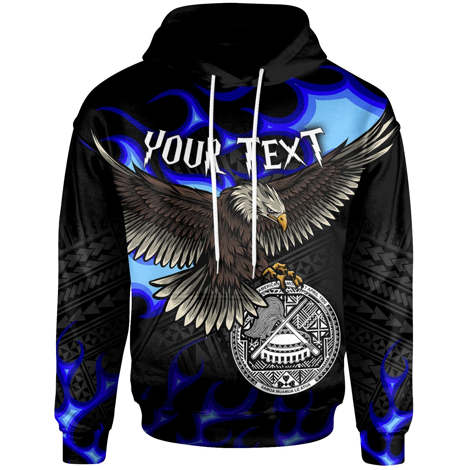 American Samoa Polynesian Custom Hoodie Eagle With Flame Blue Unisex Blue - Polynesian Pride