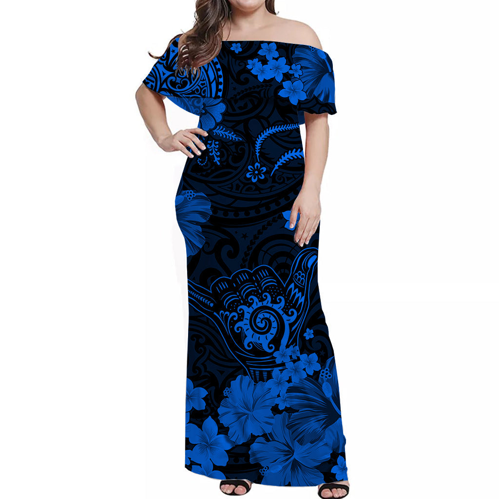 Hawaii Off Shoulder Long Dress Polynesia Blue Cool Shaka Sign LT13 Women Blue - Polynesian Pride