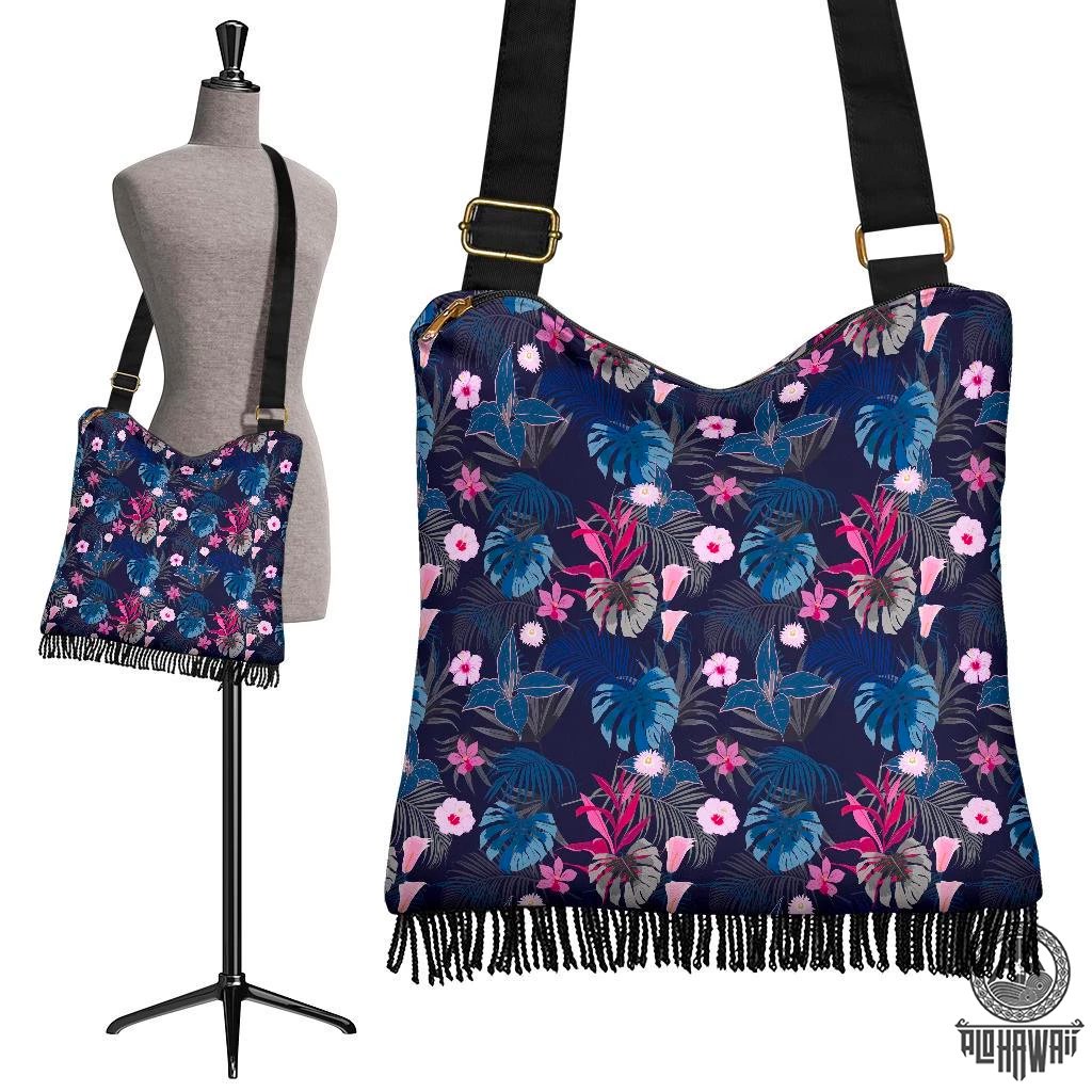 Hawaii Tropical Palm Tree And Flower Crossbody Boho Handbag Crossbody Boho Handbag One Size Blue - Polynesian Pride
