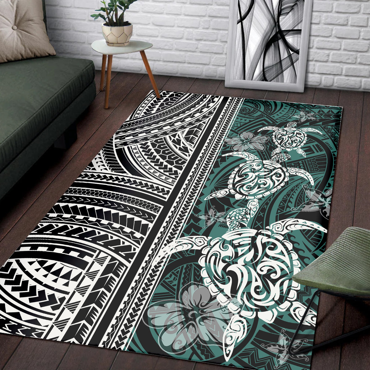 Polynesian Area Rug - Turtle With Ethnic Motives And Floral Elements - LT20 - Polynesian Pride