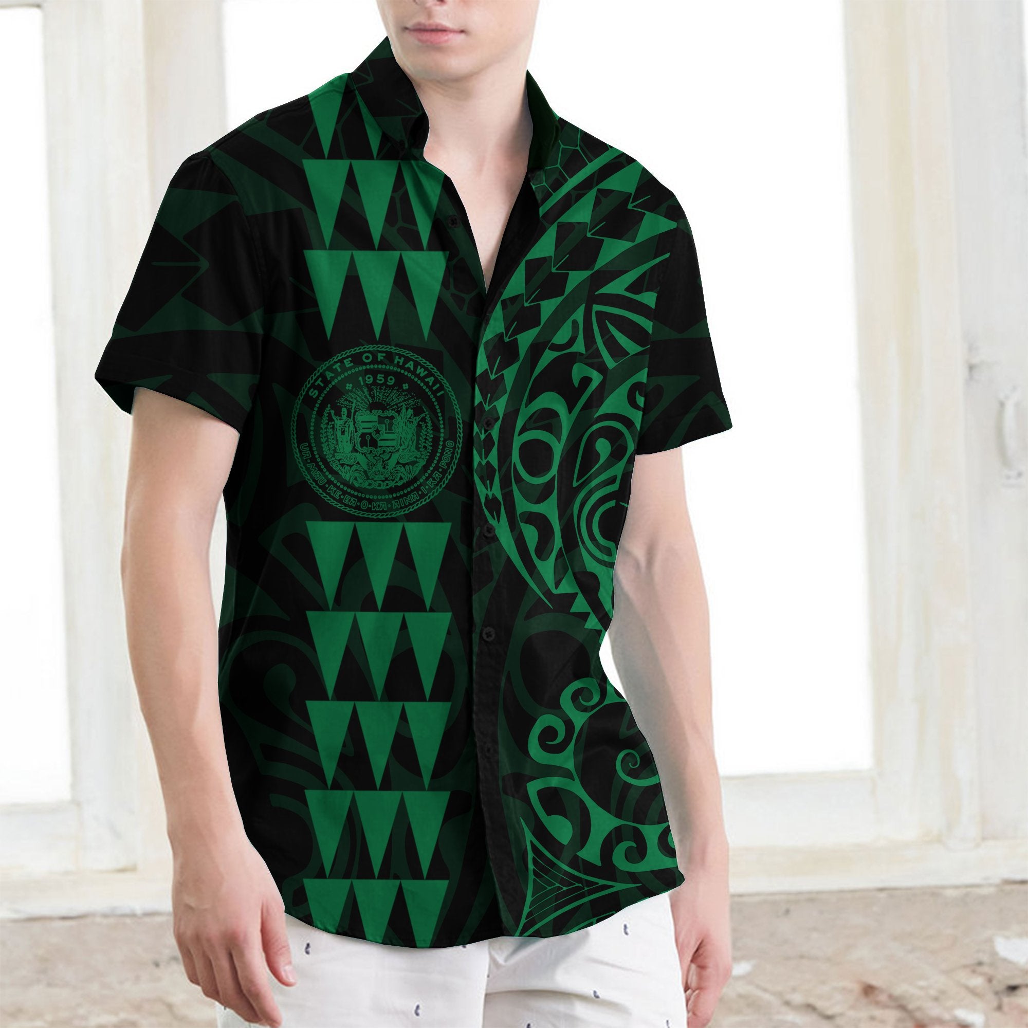 Hawaii Coat Of Arms Short Sleeve Shirt Green Men Green - Polynesian Pride