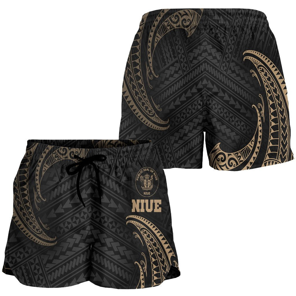 Niue Polynesian Women's Shorts - Gold Tribal Wave - Polynesian Pride