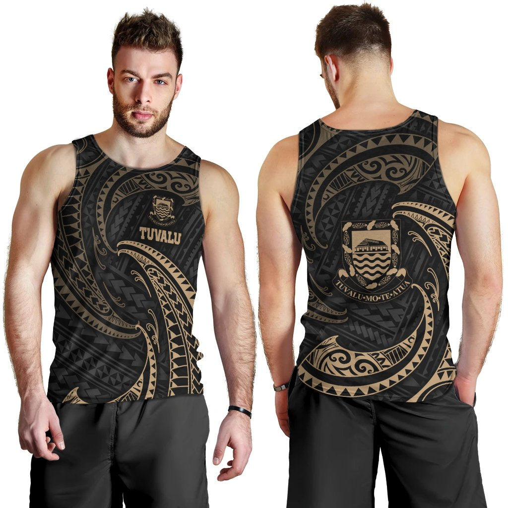 Tuvalu Polynesian Men's Tank Top - Gold Tribal Wave Black - Polynesian Pride