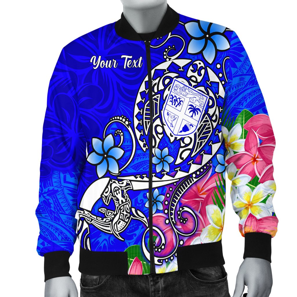 Fiji Custom Personalised Men's Bomber Jacket - Turtle Plumeria (Blue) Blue - Polynesian Pride