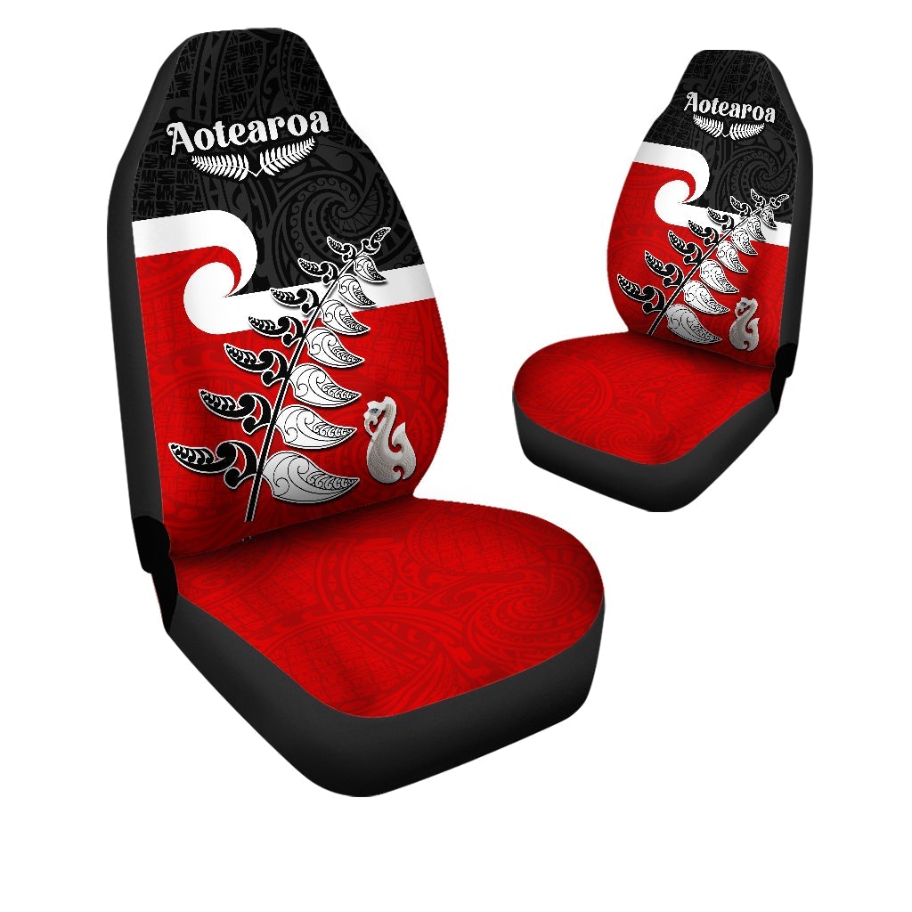 Waitangi Car Seat Covers Aotearoa Maori Pattern Mix Fern and Manaia Koru LT13 Set of 2 Universal Fit Black - Polynesian Pride