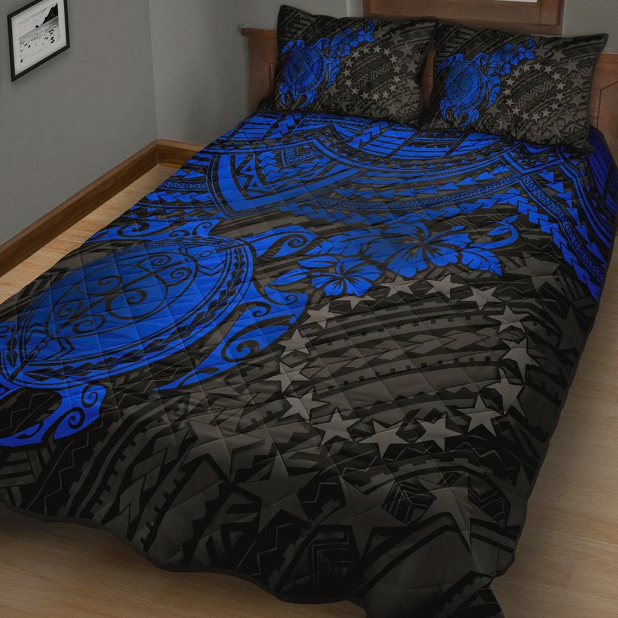 Cook Islands Polynesian Quilt Bed Set - Cook Islands Flag & Blue Turtle Hibiscus Blue - Polynesian Pride