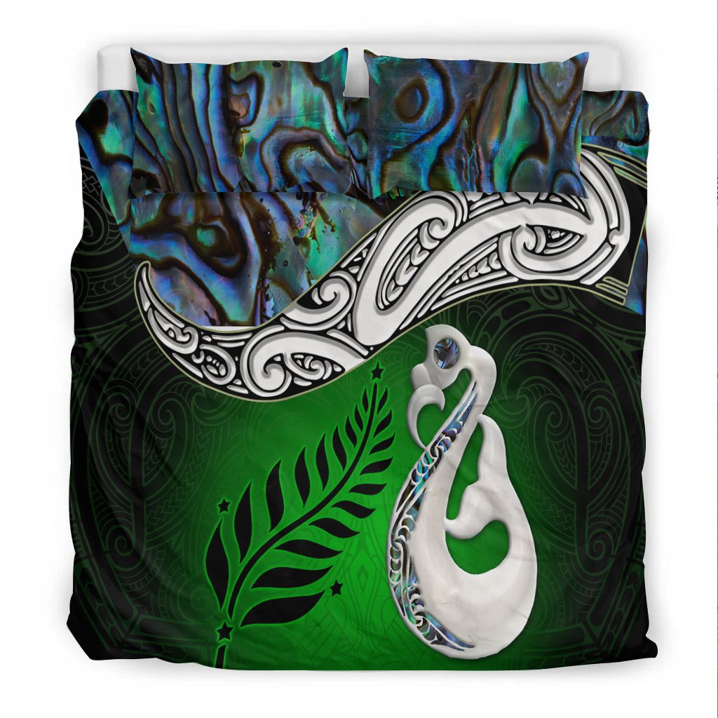 New Zealand Maori Bedding Set Silver Fern - Manaia Paua Shell Glitter Green LT4 - Polynesian Pride