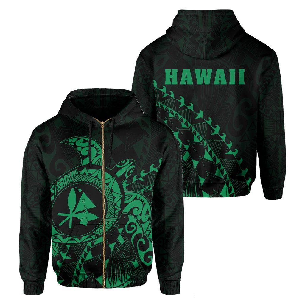 Kanaka Map Zipper Hoodie (Green) Turtle Style Unisex Green - Polynesian Pride