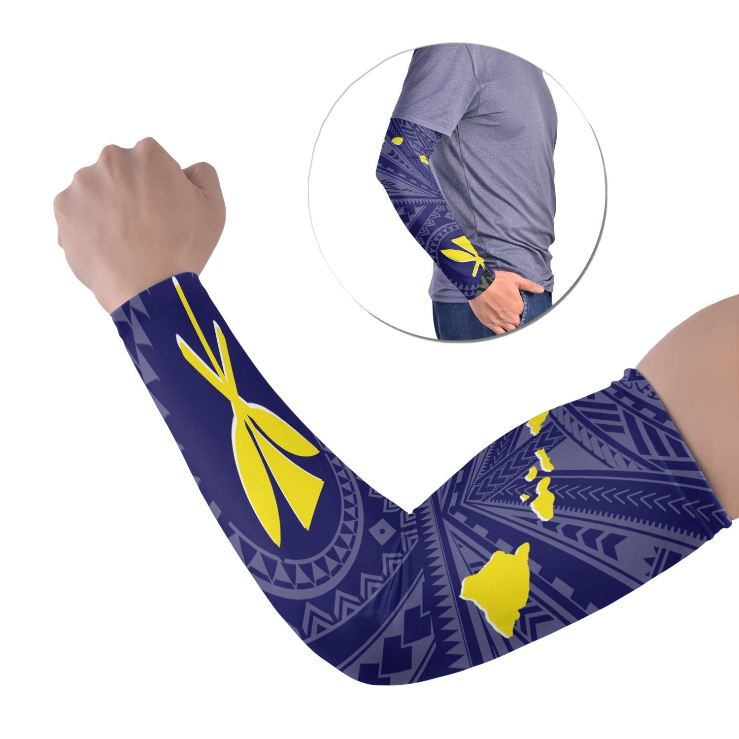 Hawaii Arm Sleeve - Hawaii Kanaka Maoli And Map ( Blue) One Style Blue - Polynesian Pride