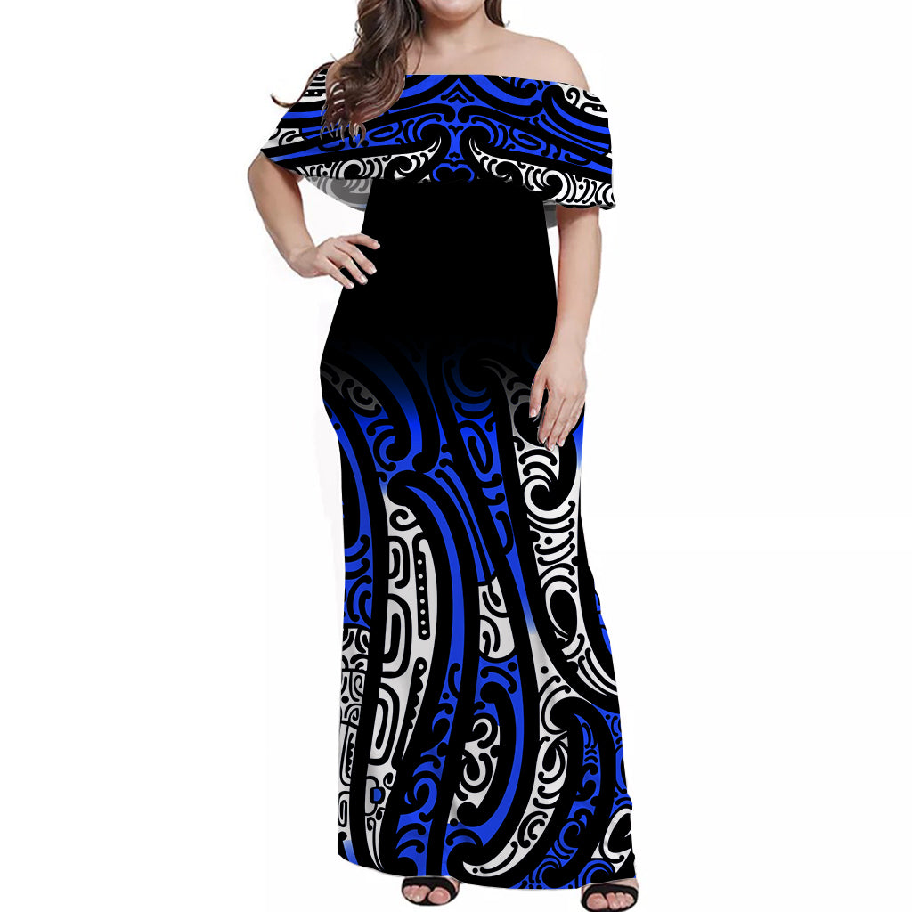 New Zealand Off Shoulder Long Dress Maori NZ Unique Blue LT13 Women Blue - Polynesian Pride