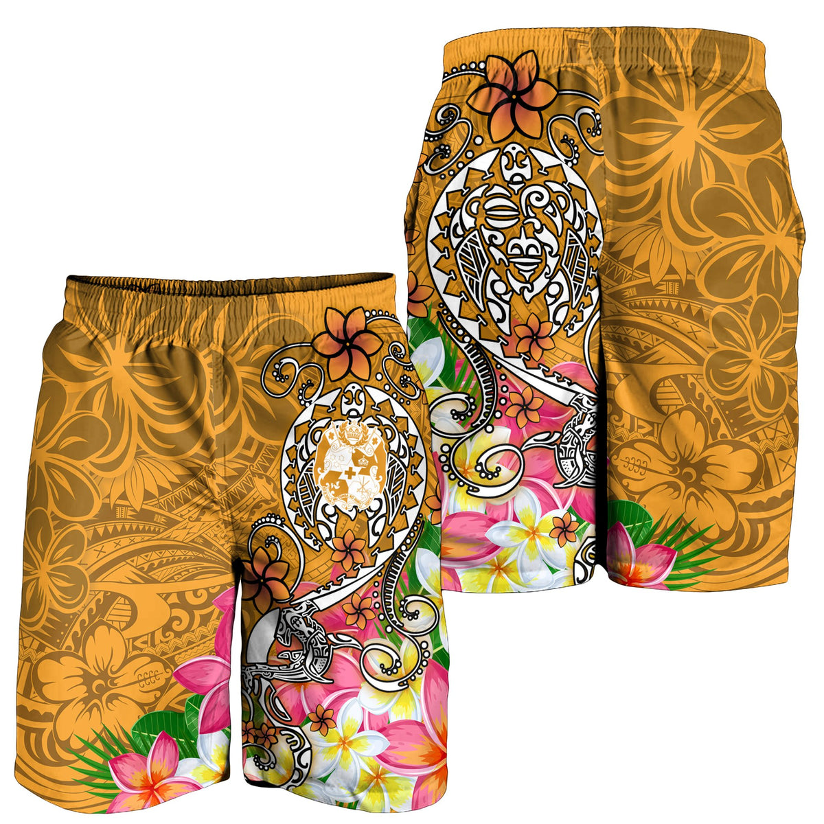 Tonga Men's Shorts - Turtle Plumeria (GOLD) - Polynesian Pride