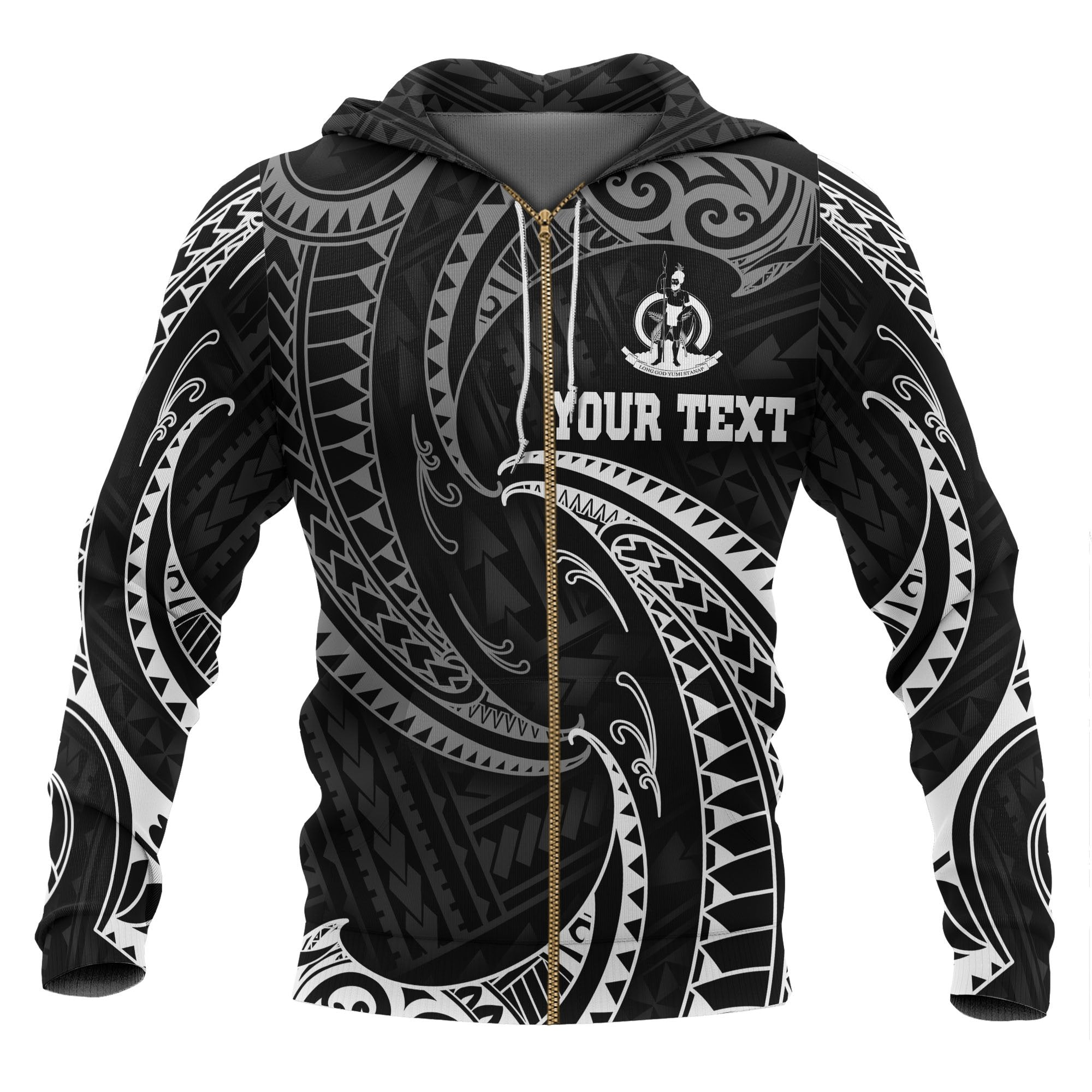 Vanuatu Polynesian Custom Zip up Hoodie White Tribal Wave Unisex Black - Polynesian Pride