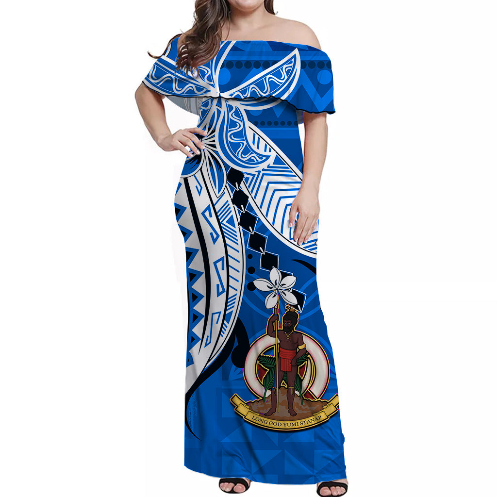 Vanuatu Color Off Shoulder Long Dress Coat of Arms Polynesian Blue LT13 Long Dress Blue - Polynesian Pride