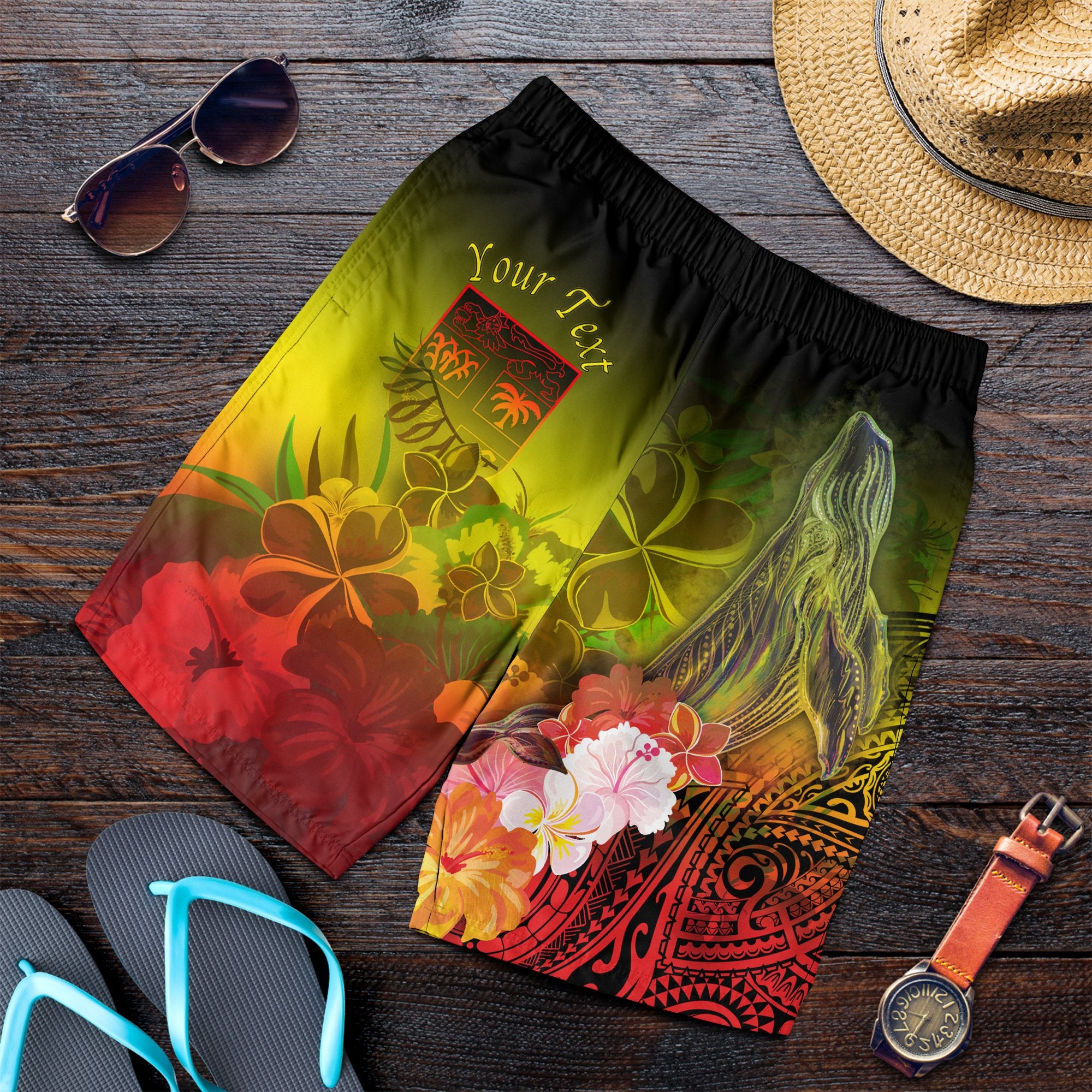 Fiji Custom Personalised Men's Shorts - Humpback Whale with Tropical Flowers (Yellow) Yellow - Polynesian Pride