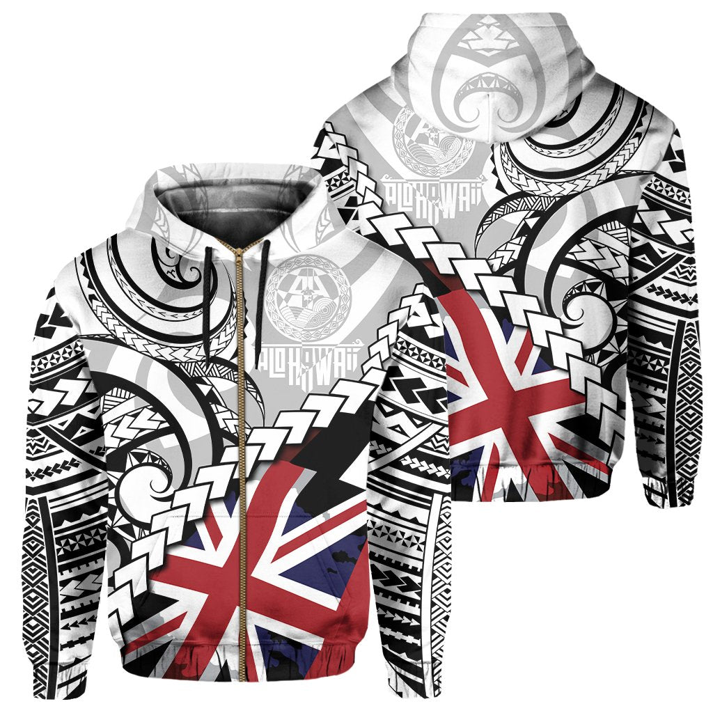 Polynesian Kakau Flag of Hawaii Zip Hoodie Unisex White - Polynesian Pride