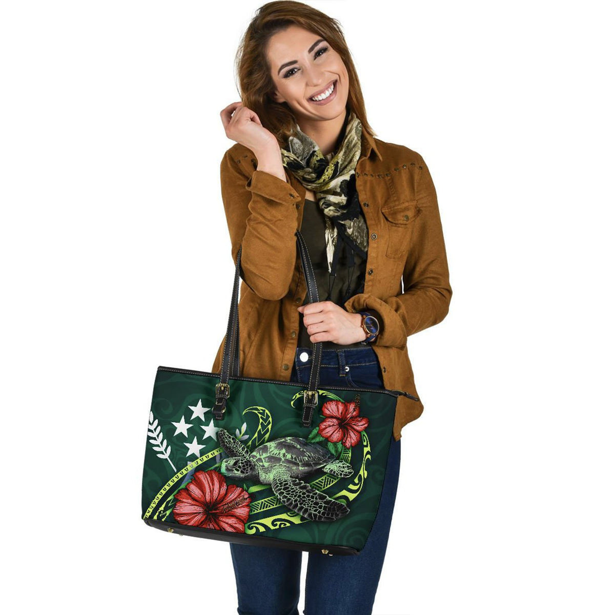 Kosrae Micronesia Polynesian Leather Tote Bag - Green Turtle Hibiscus - Polynesian Pride