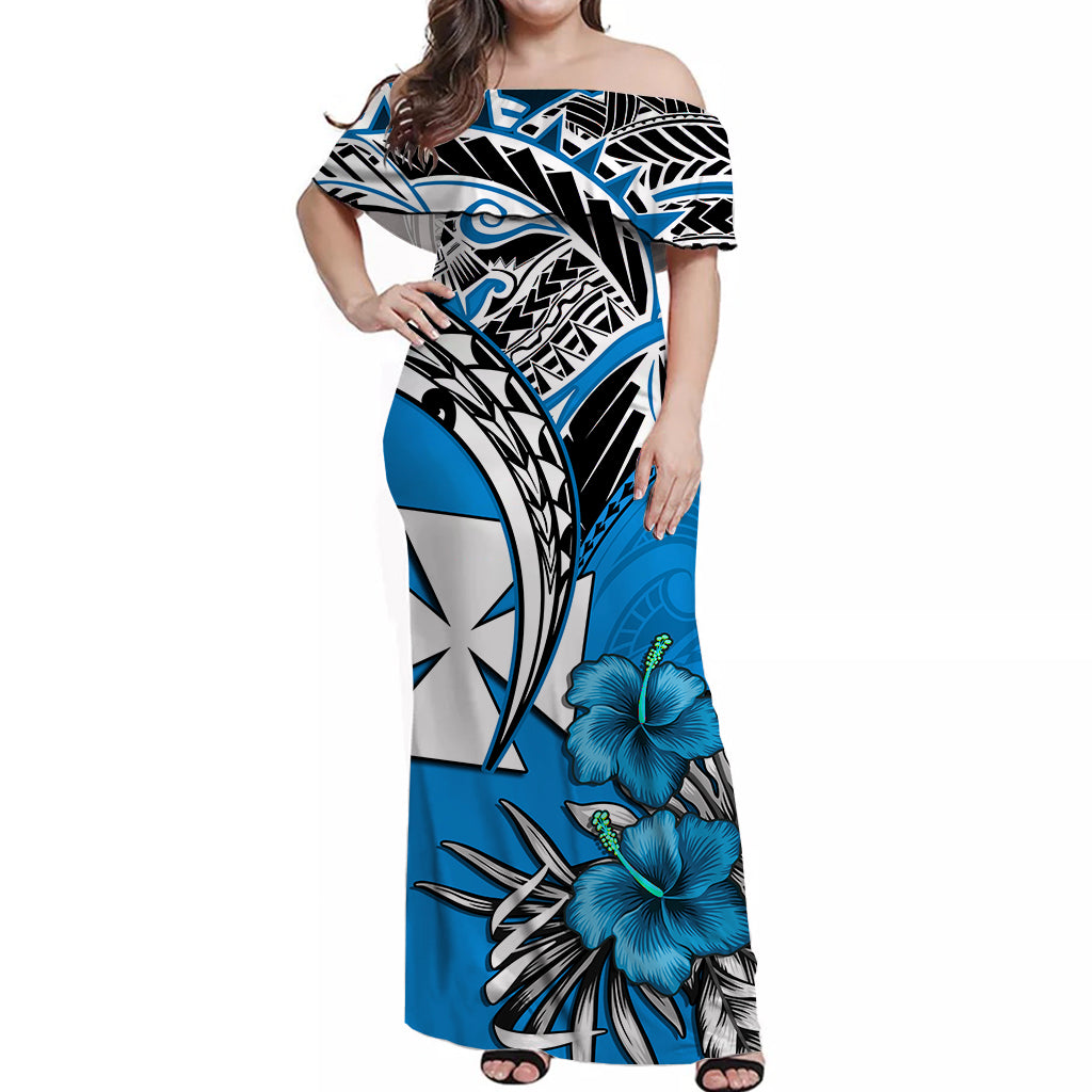 Wallis et Futuna Off Shoulder Long Dress Polynesian Pattern and Hibiscus Flowers Version Blue LT13 Long Dress Blue - Polynesian Pride