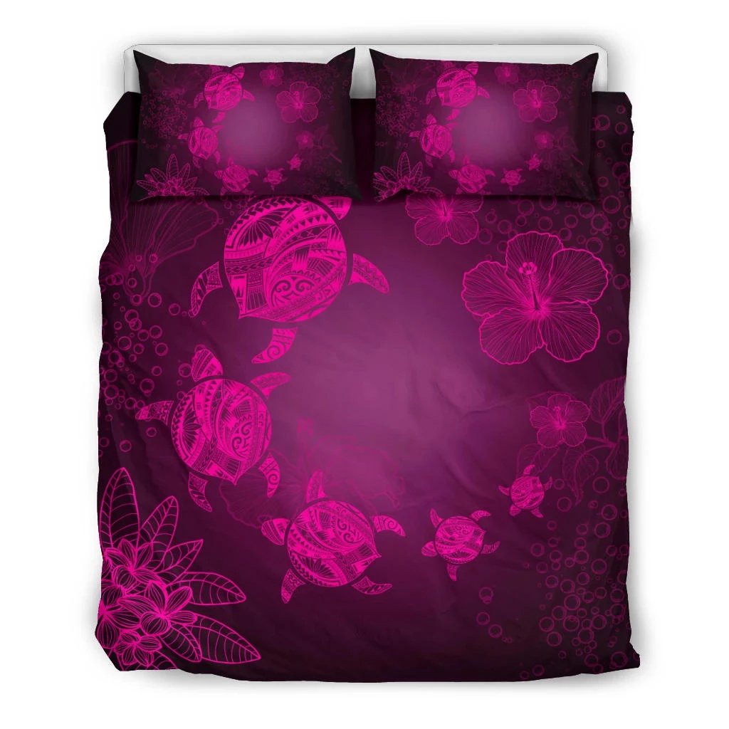 Hawaiian Plumeria Hibiscus Turtle Under The Sea Polynesian Bedding Set Pink Pink - Polynesian Pride