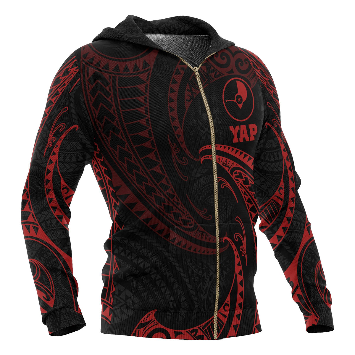 Yap Micronesia All Over Zip up Hoodie Red Tribal Wave - Polynesian Pride