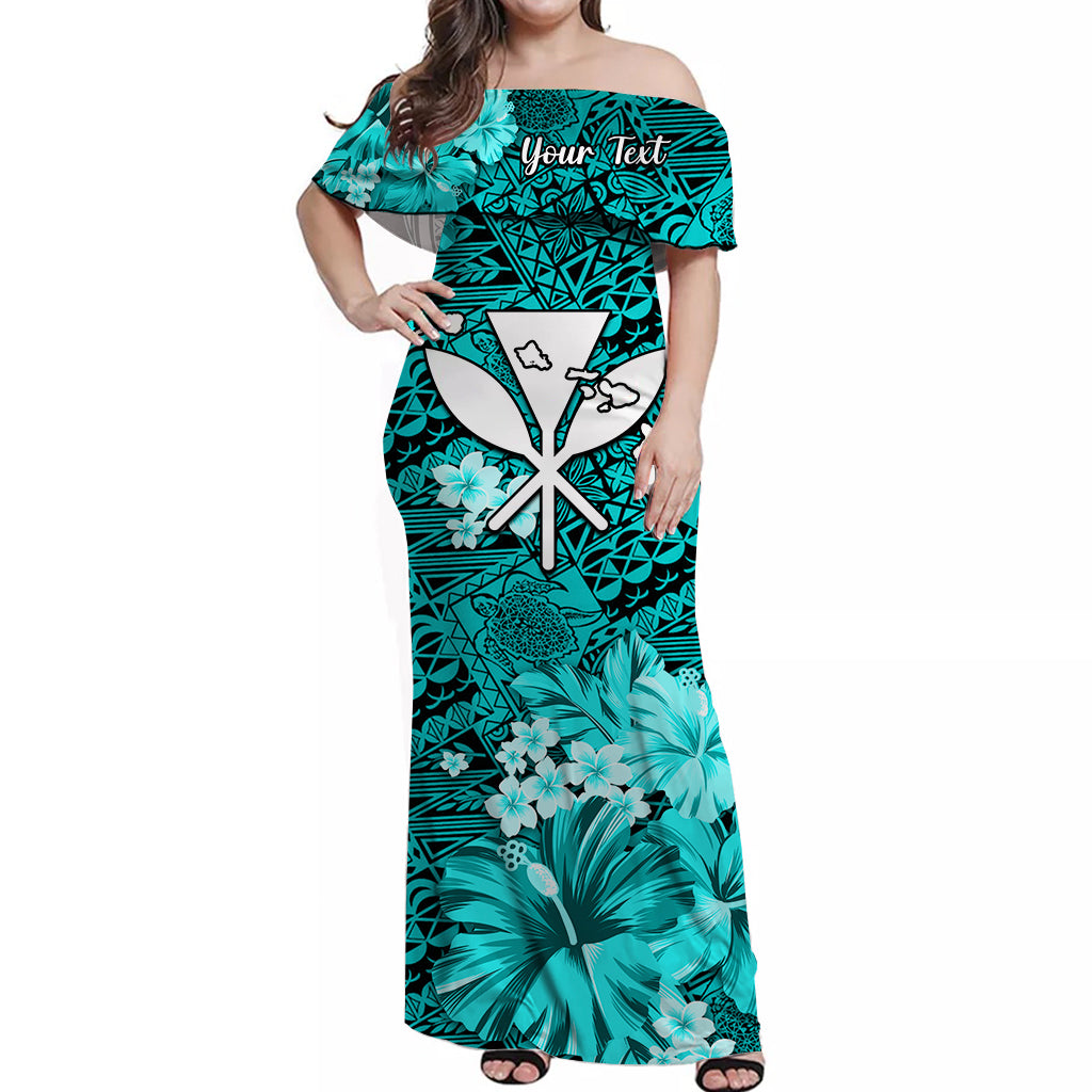 (Custom Personalised) Hawaii Off Shoulder Long Dress Map and Turtle Turquoise Flowers LT13 Women Turquoise - Polynesian Pride