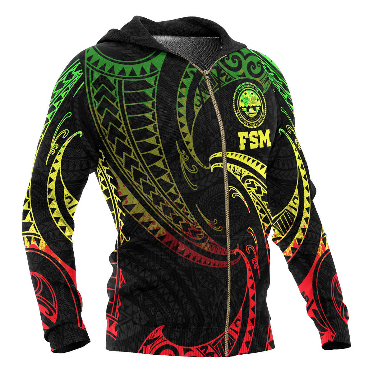 Federated States of Micronesia All Over Zip up Hoodie Reggae Tribal Wave - Polynesian Pride